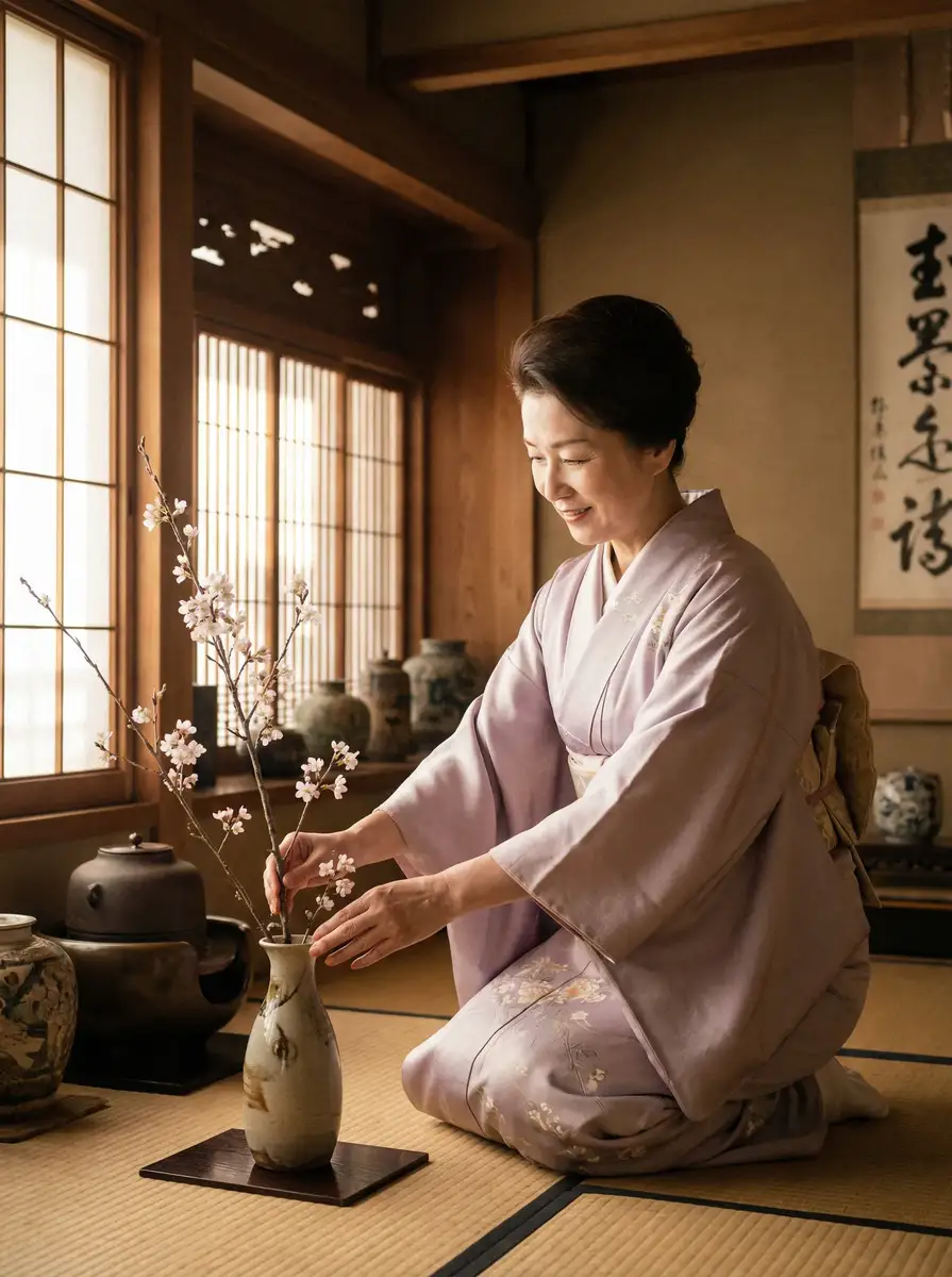 一位优雅的 12BET平台 在和室中插花