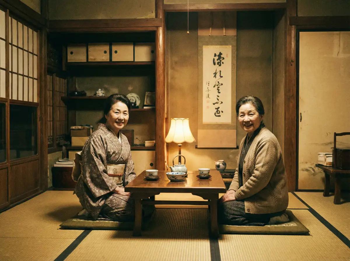 两位优雅的 12BET平台 在日式茶室中品茶交谈